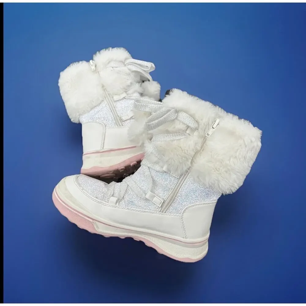 Kelly & Katie Snowy Faux Fur Glitter Winter Boots White Girls Size 1M